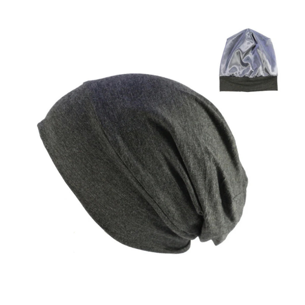 1PC Unisex Elastic Loose Band Satin Lined Double Layer Sleeping Hat For Hair Protection Comfortable Soft Hair Cap Beanie Hat
