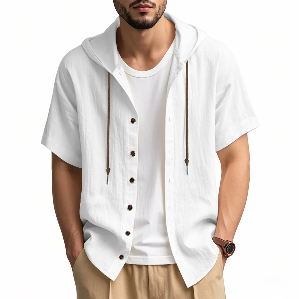 American Summer Men's Thin Breathable Linen Ami Kaji Loose Hooded Short-sleeved Shirt Men