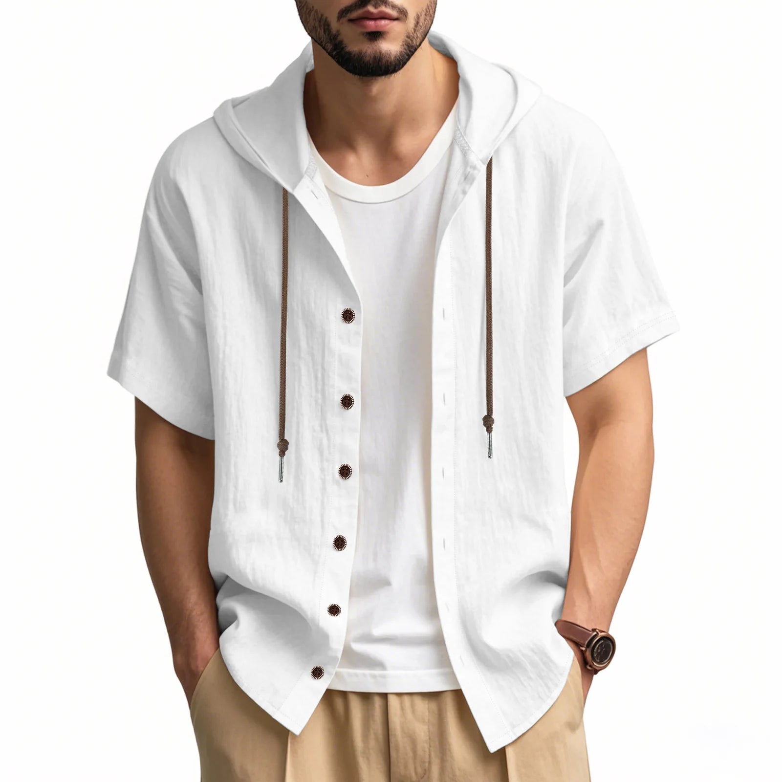 American Summer Men's Thin Breathable Linen Ami Kaji Loose Hooded Short-sleeved Shirt Men