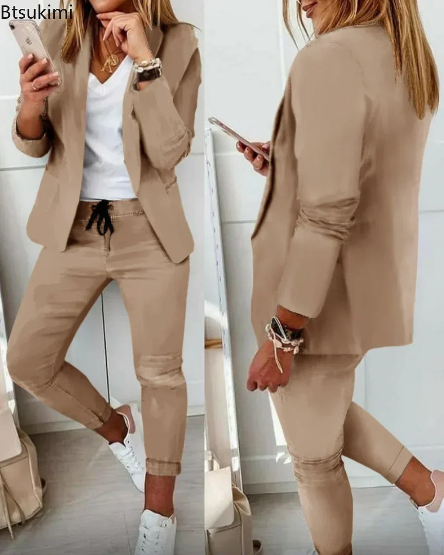 2026 Women's Formal Two Pieces Office Suit Sets Slim Blazer and Pants with Pocket Lapel Women Suits Office Sets 2PCS Tracksuit