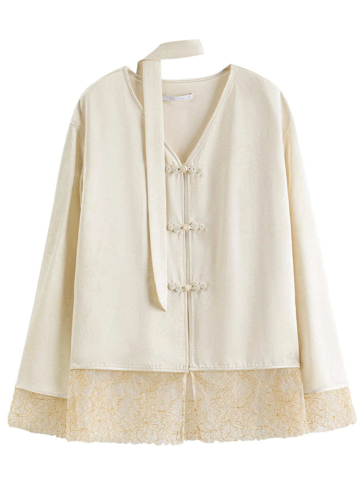 FSLE New Chinese-inspired Women's Satin Jacquard V-Neck Blazer Button Closure Acetate Fabric Sash Blouse Spring 2026 New Arrival
