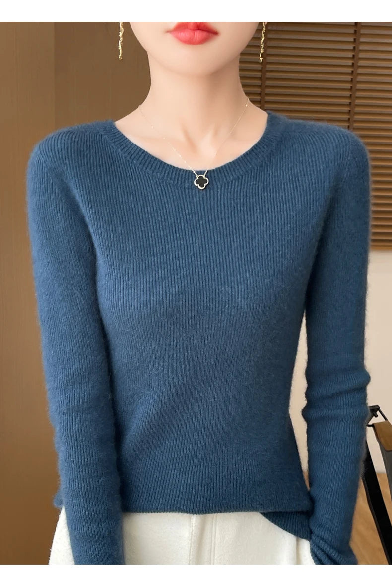 Early Fall New Crew-Neck Sweater Elegant High Elastic Simple Solid Color Thin Knit Crew-Neck Sweater Long Sleeve-GH458