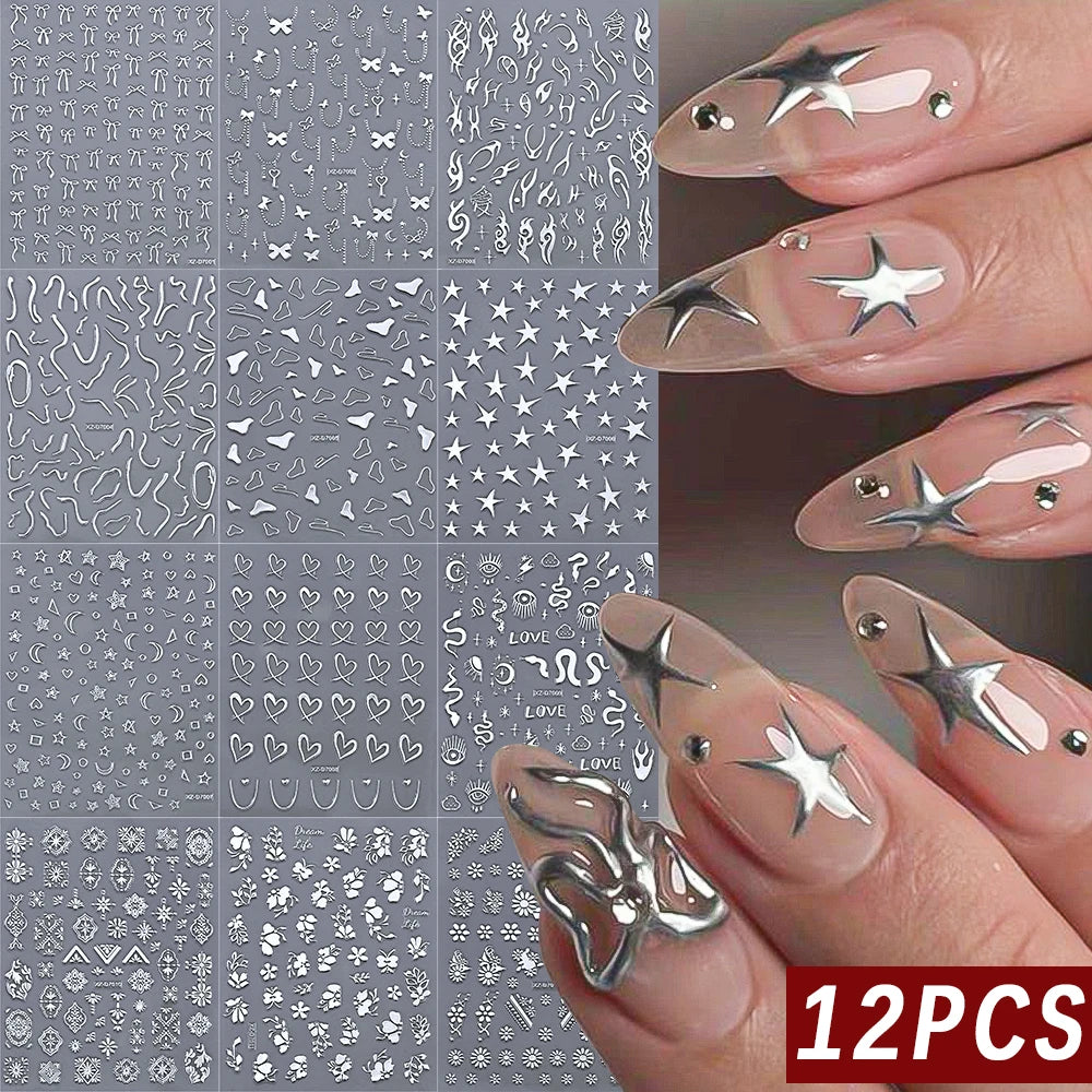 12Pcs 3D Laser Silver Star Heart Geometry Lines Nail Stickers Pentagram,Moon,Snake,Flower Slider Self-adhesive Manicure Decals＆