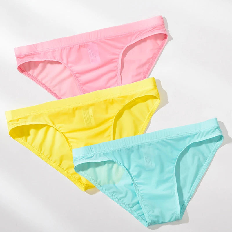 Men Underwear Ice Silk Solid Color Briefs Sexy Transparent Silky Quick Dry U Bulge Pouch Panties Mid Waist Male Underpants Cueca