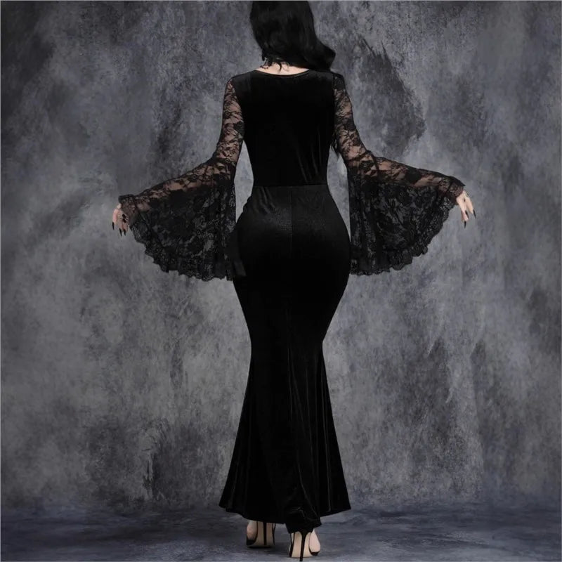 Halloween Gothic Vintage Dress Women Elagnt Lace Patchwork See Through Flare Sleeve High Waist Clubwear Slim Long Dresses Femme
