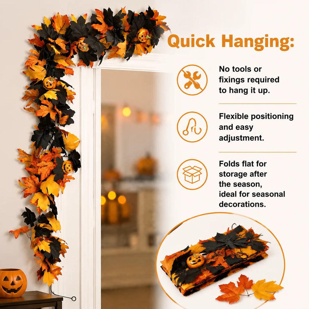Halloween Fall Garland with Pumpkins Maple Leaves Artificial Flowers Decorative Hanging for Thanksgiving Home Fireplace Doorway