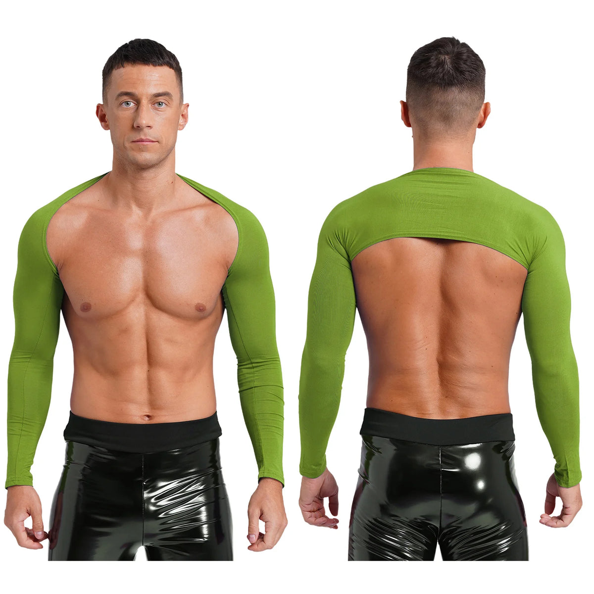 Men Open Front Half Crop Top Solid Long Sleeve Cardigan Bolero Shrug Tops Muscle Arm Sleeves Workout Sports Gym Tops Clubwear