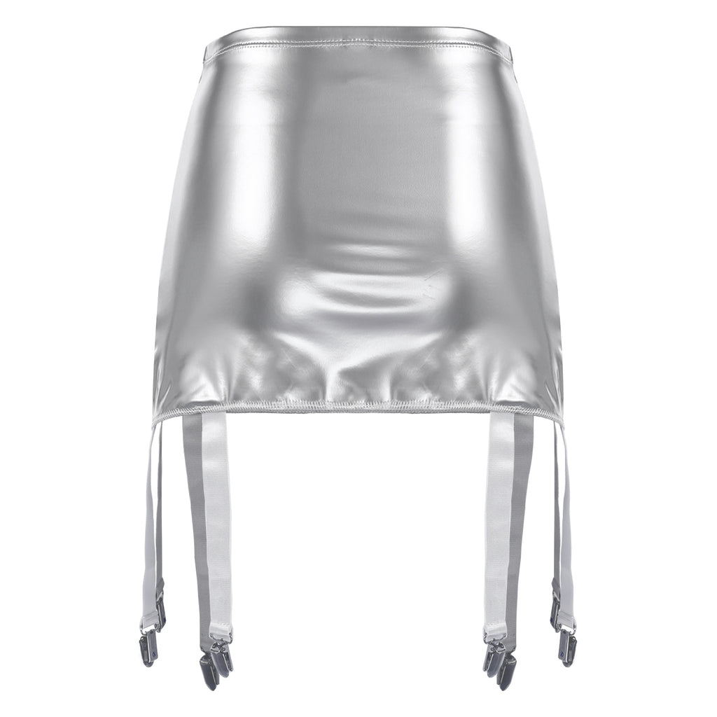 Sexy Women Wetlook PVC Leather Ruffled Skirts Party Low Waist Built-in Thongs Mini Skirt with Garter Belts Metal Clips Set Club
