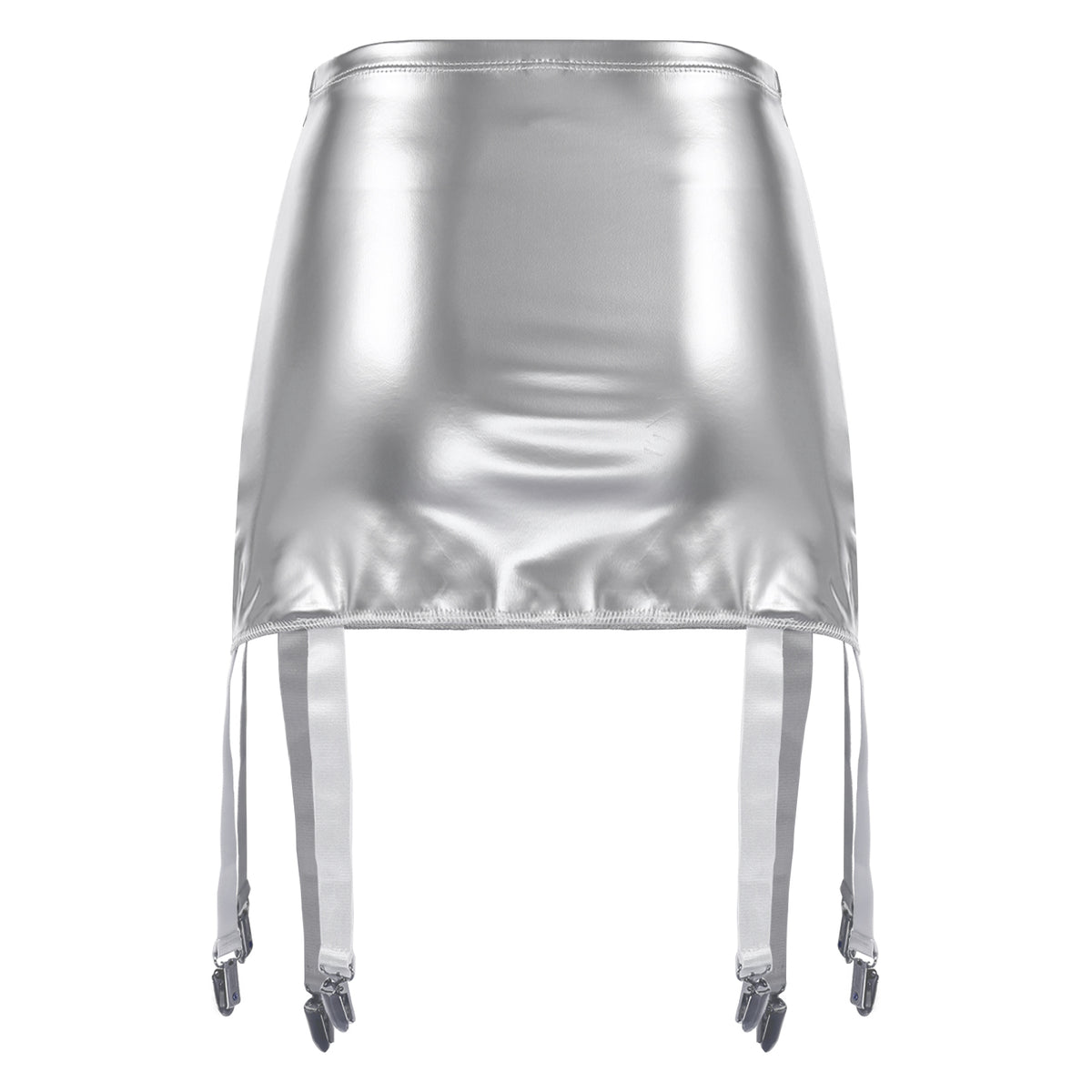 Sexy Women Wetlook PVC Leather Ruffled Skirts Party Low Waist Built-in Thongs Mini Skirt with Garter Belts Metal Clips Set Club