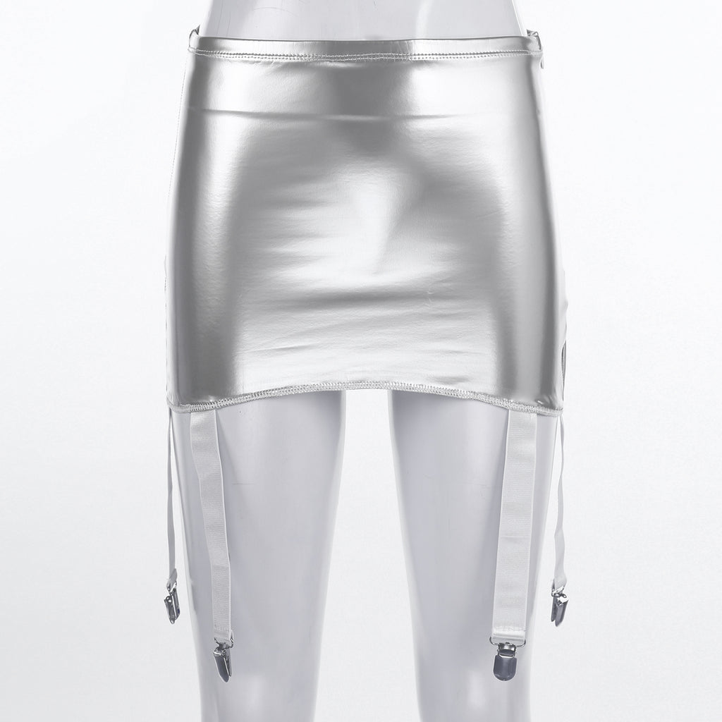 Sexy Women Wetlook PVC Leather Ruffled Skirts Party Low Waist Built-in Thongs Mini Skirt with Garter Belts Metal Clips Set Club