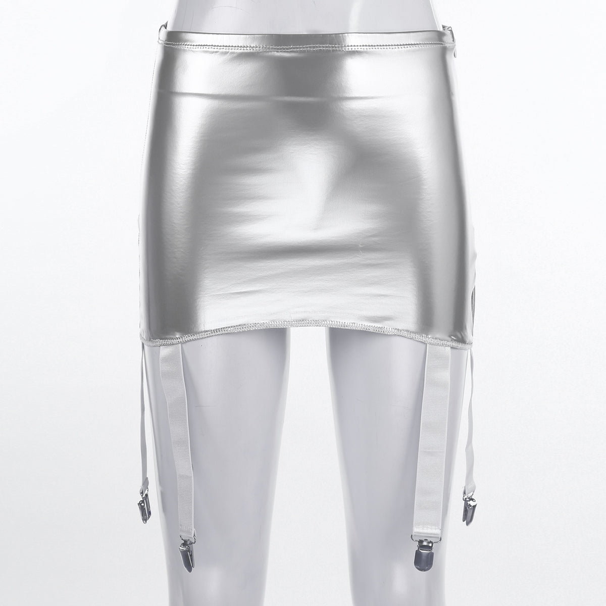 Sexy Women Wetlook PVC Leather Ruffled Skirts Party Low Waist Built-in Thongs Mini Skirt with Garter Belts Metal Clips Set Club