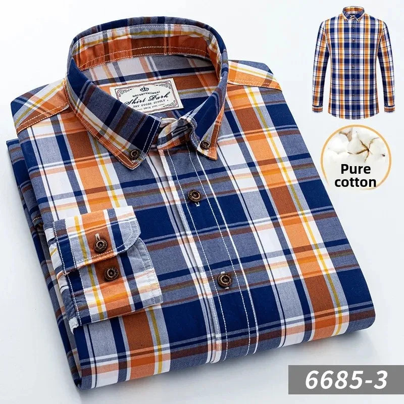New Men's Pure Cotton Plaid Long Sleeve Shirt Spring Whole Cotton Casual Shirt Korean Style Slims Smooths Your Silhouette No Iro