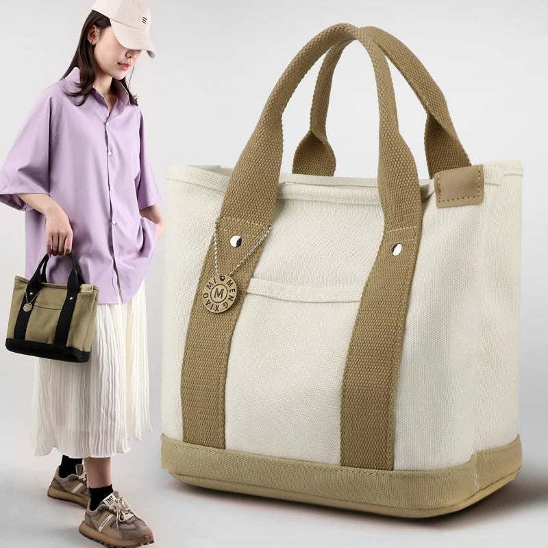 Canvas Tote Bag Portable Large Capacity Leisure Lunch Bento Bucket Bag Multi-divided Handbag