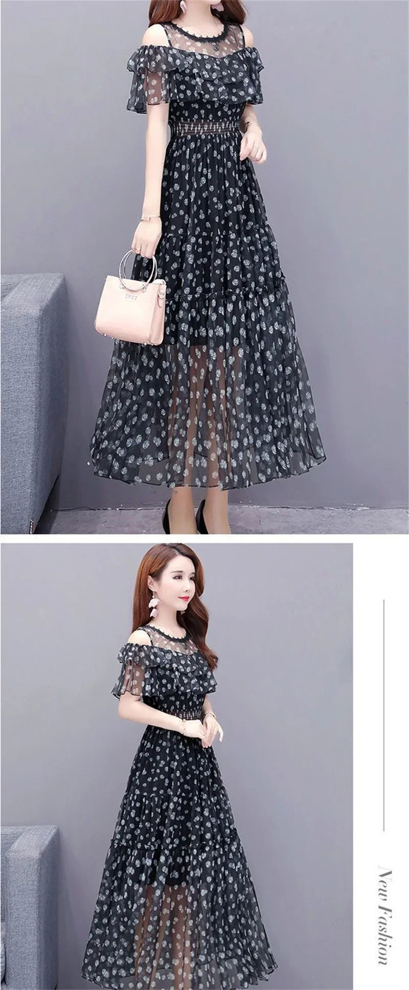 Mesh Chiffon Floral Print Dress Women 2024 New Summer Bohemian Beach Dress Long Off Shoulder Sexy Lady Party Dresses Vestidos