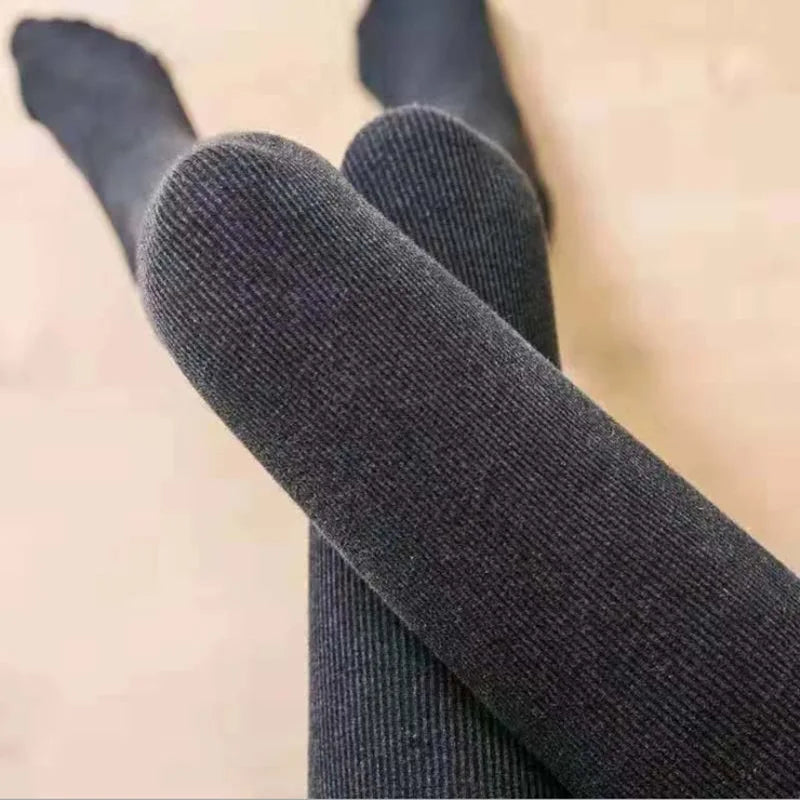 Winter Women Leggings Plus Velvet 350g Fleece Thicken High Waist Pantyhose Solid Vertical Striped Elastic Warm Tights