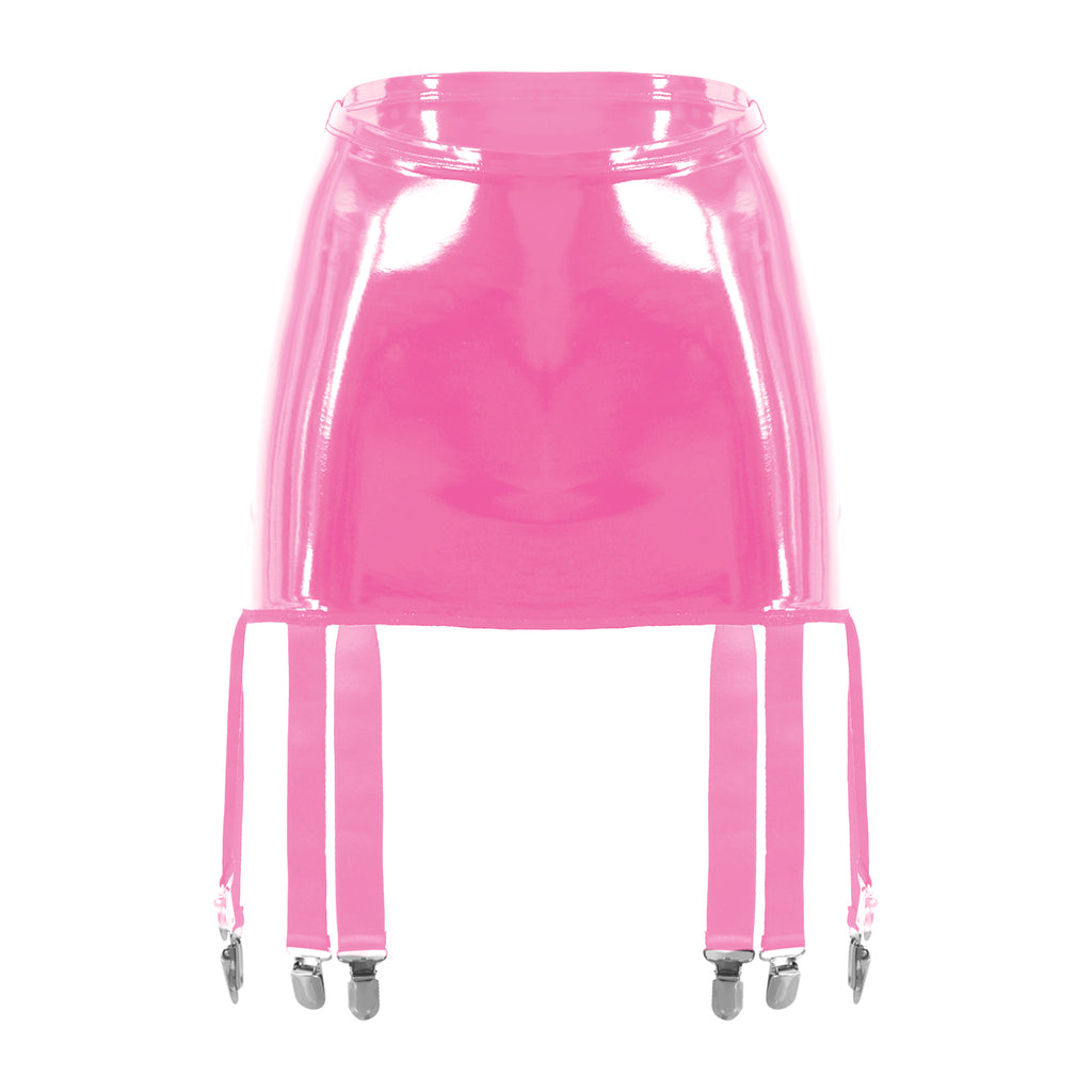 Sexy Women Wetlook PVC Leather Ruffled Skirts Party Low Waist Built-in Thongs Mini Skirt with Garter Belts Metal Clips Set Club