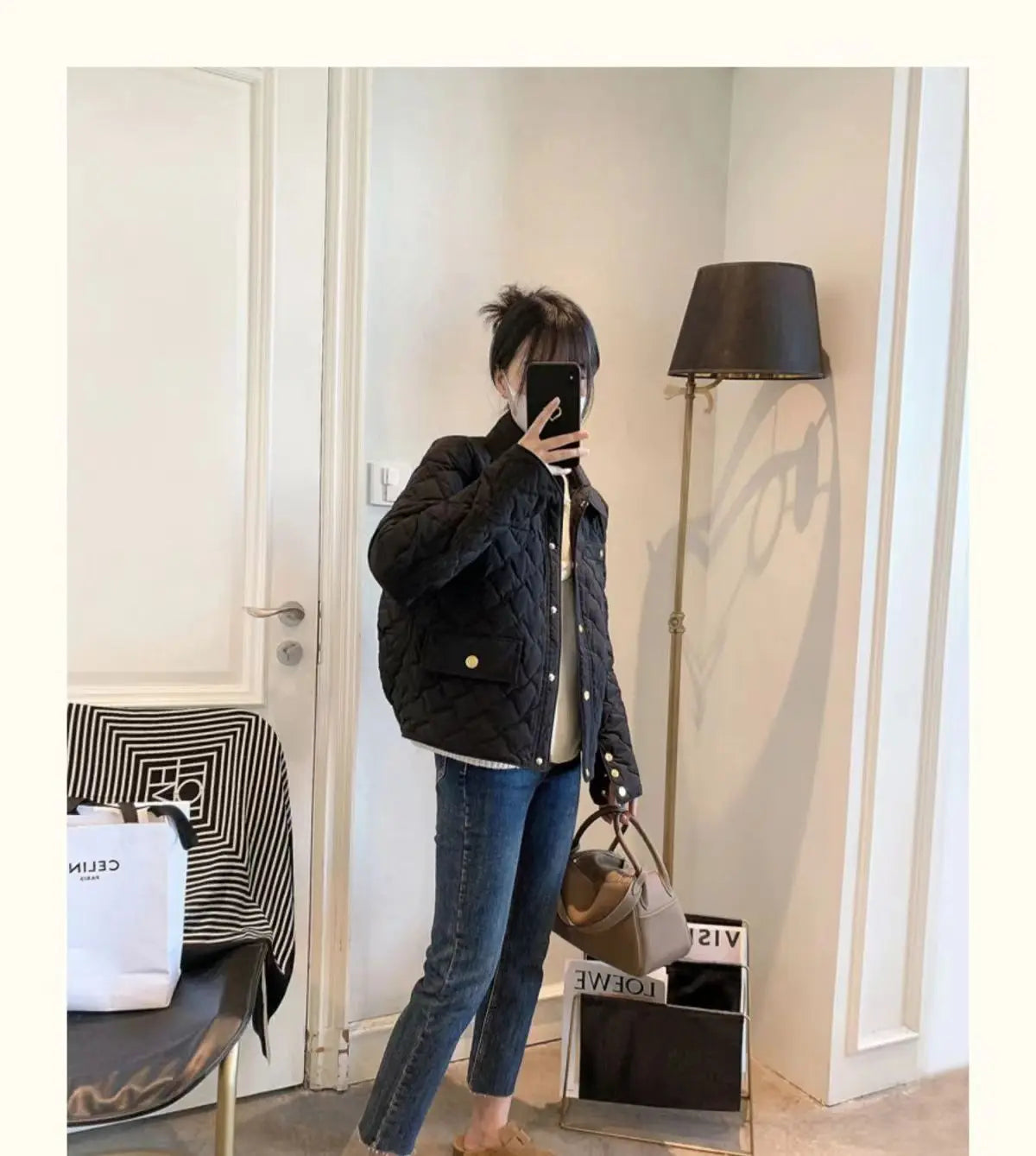 Down Cotton Jacket Women's 2025 Autumn Winter New Light And Thin European High-End sense Niche Rhombus Down Cotton Jacket Parka