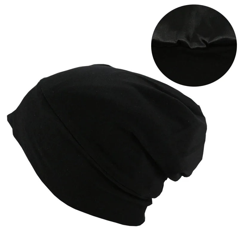 1PC Unisex Elastic Loose Band Satin Lined Double Layer Sleeping Hat For Hair Protection Comfortable Soft Hair Cap Beanie Hat