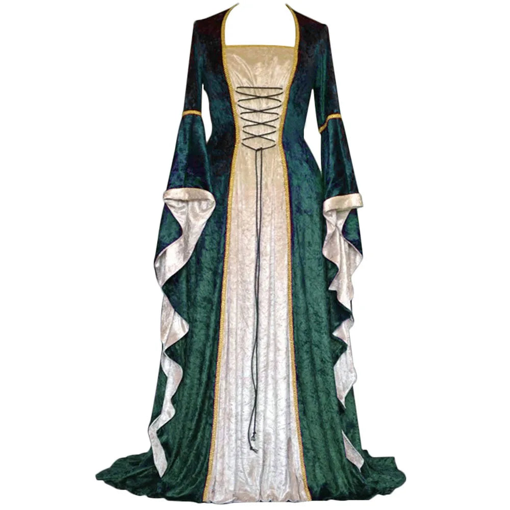 Halloween Women 3XL Plus Size Medieval Retro Court Princress Cosplay Costume Long Dress Elegant Witch Square Collar Masquerade