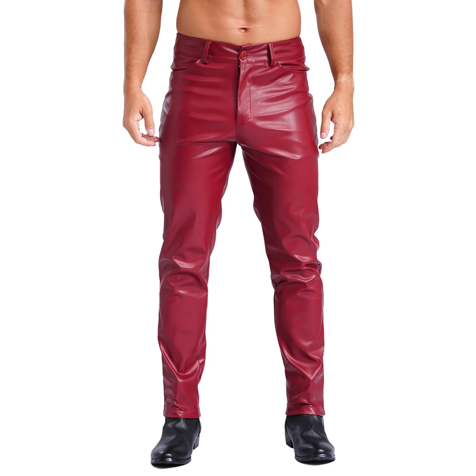 Mens Stylish Faux Leather Pants Pockets Halloween Costume Smooth Lining Straight Pants Tights Leggings Music Party Clothings