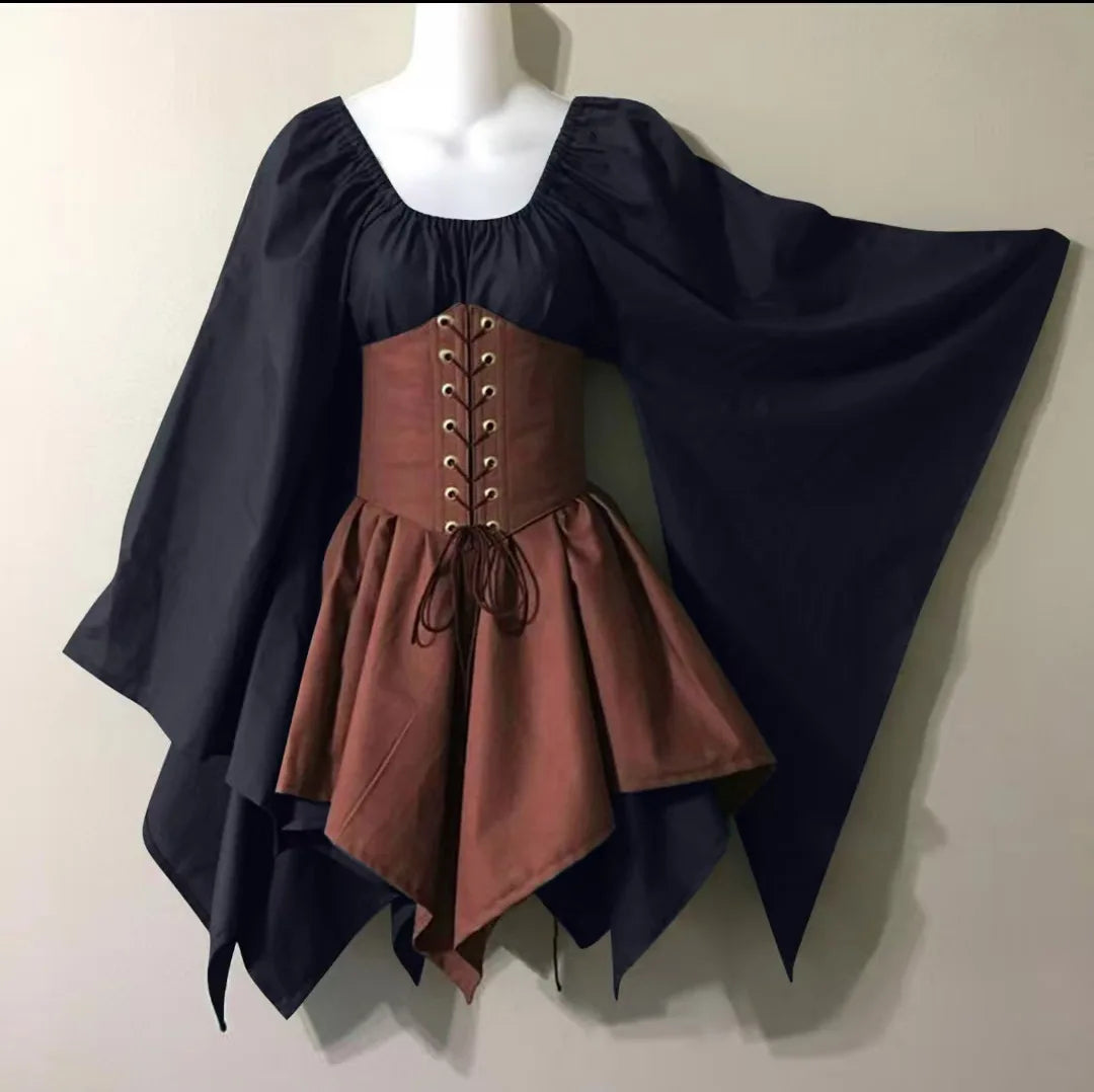 Women Retro Renaissance Medieval Dress Long Flare Sleeve Patchwork Maxi Dress with Corset Halloween Victorian Dress