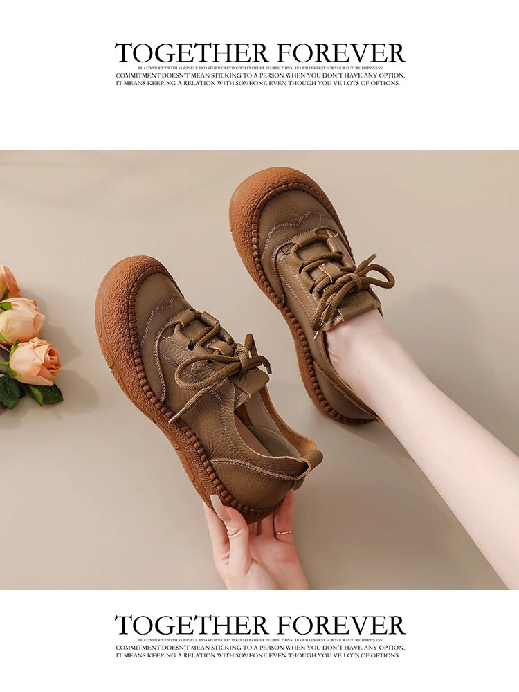New real leather handmade shoes for women all season oxfords flats woman laced up moccasins cozy mom boat shoes round toe flats