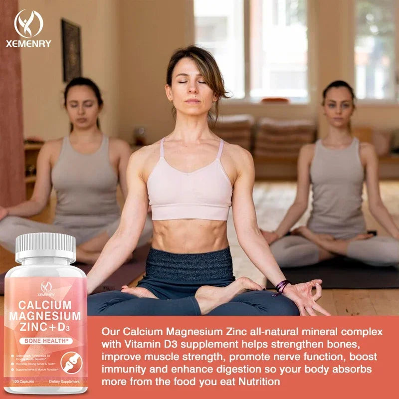 Calcium + Magnesium + Zinc + Vitamin D3 Capsules - Supports Bone and Nervous System Health and Improves Mood