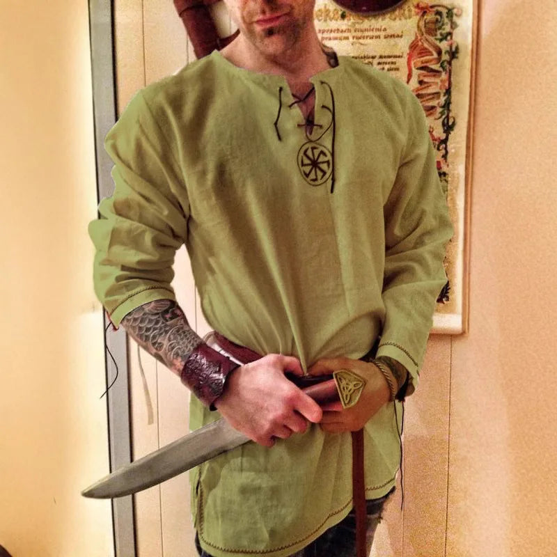 Men's Medieval Pirate Shirt Cotton Linen Shirts for Men Embroidered Top Renaissance Halloween Costume Adult Carnival Cosplay