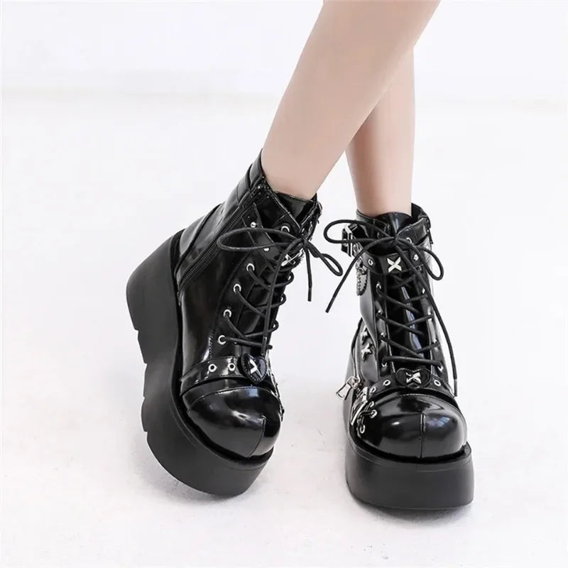 Platform Wedges Women Ankle Boots Autumn Winter Gothic Street Comfy Fashion Cool Woman Shoes Motorcycle Boots Big Size 43