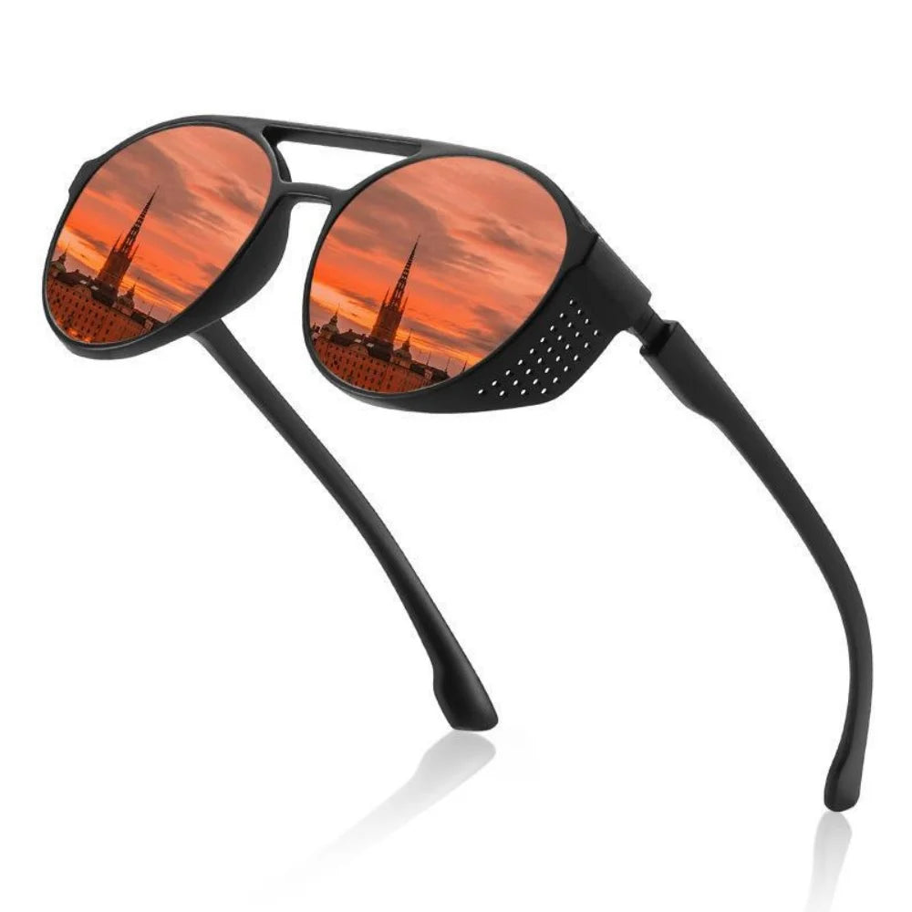 Men Women Polarized Sunglasses Steampunk Sports Sun Glasses Round Frame Eyewear with Side Shield UV400 Protection Driving Shades