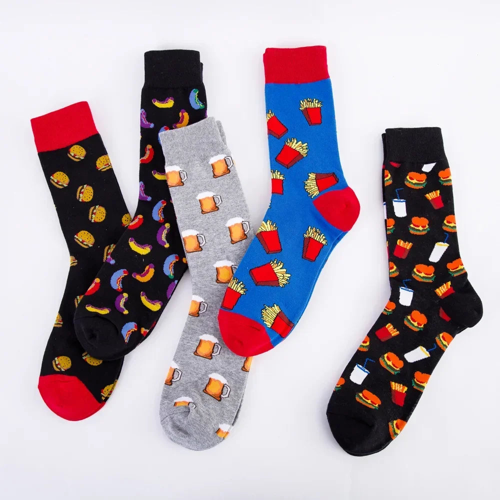 Colorful Hot Dog Hamburg Beer Pattern Novelty Crew Socks Men's Funny Food Kawaii Sokken Creative Casual Cotton Socks For Male