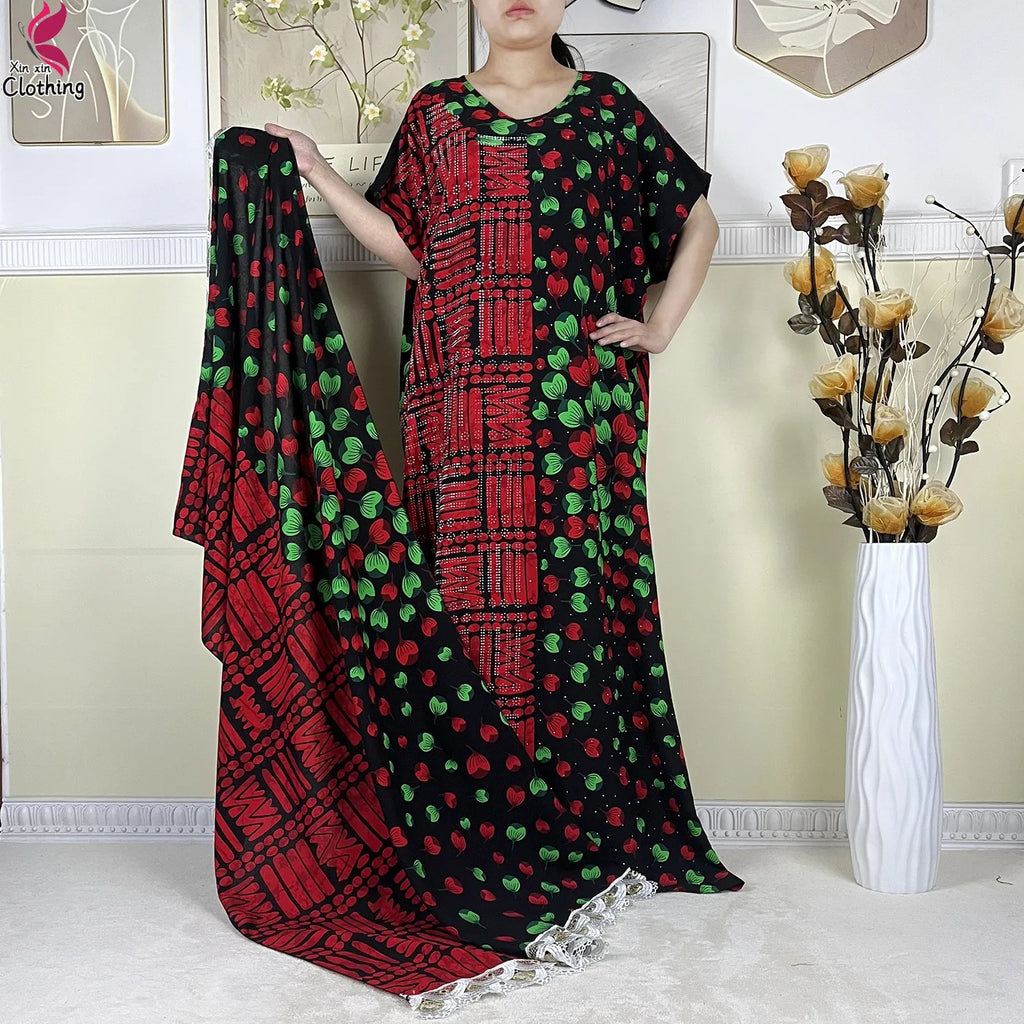 2025 New Summer Abaya Short Sleeve Dress With Big Scarf Printing Floral Loose Dress Islam Kaftan Women African Abaya Clothing