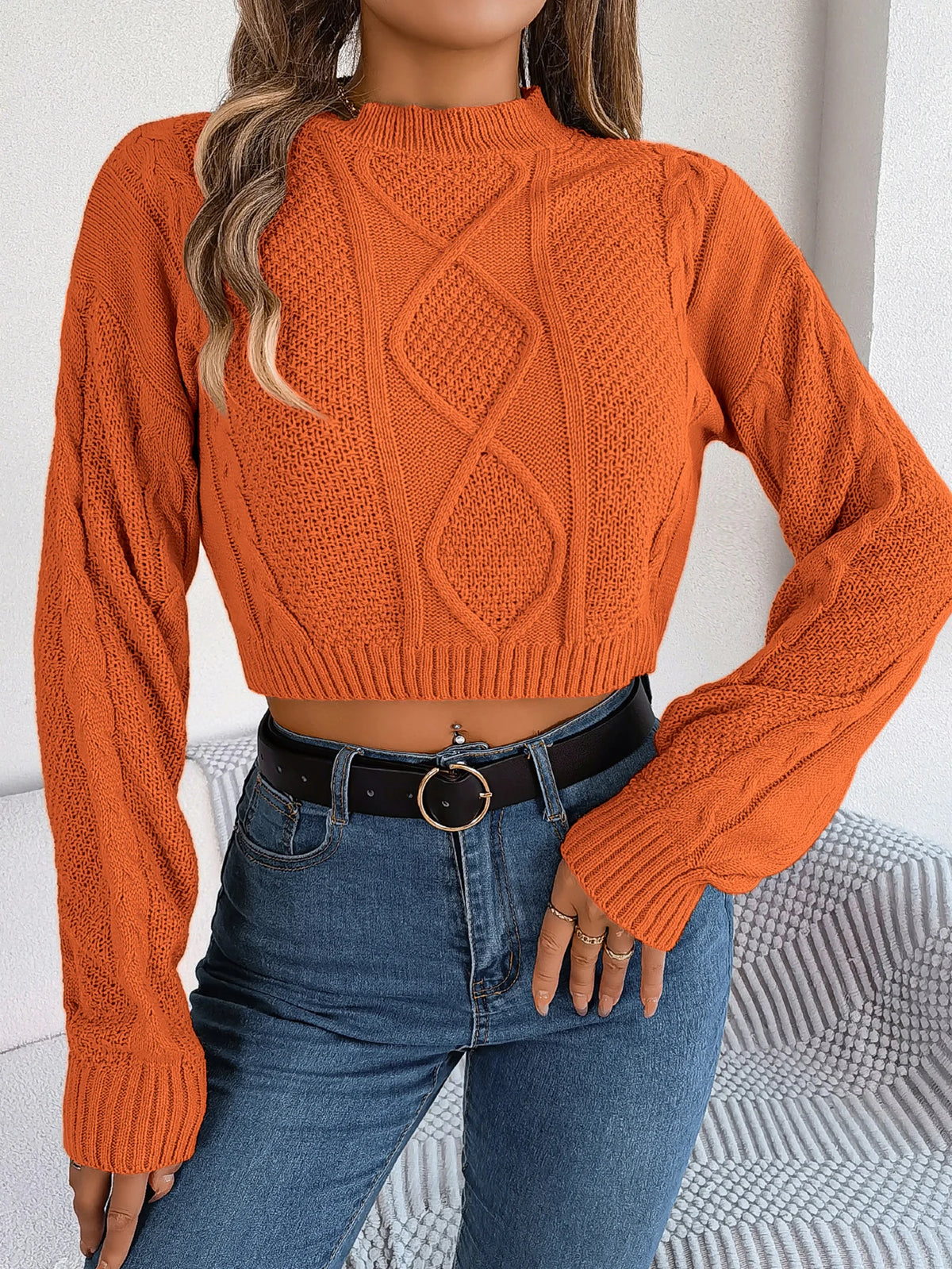 Autumn Winter Solid Color Round Neck Women Sweaters 2026 Casual Cable Knitted Long Sleeve Pullover Gray Army Green Red Crop Tops