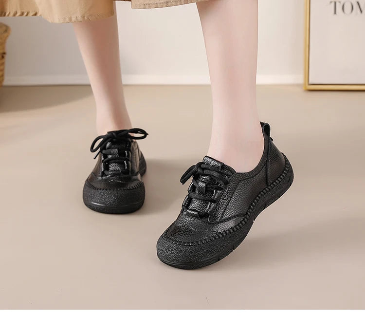 New real leather handmade shoes for women all season oxfords flats woman laced up moccasins cozy mom boat shoes round toe flats