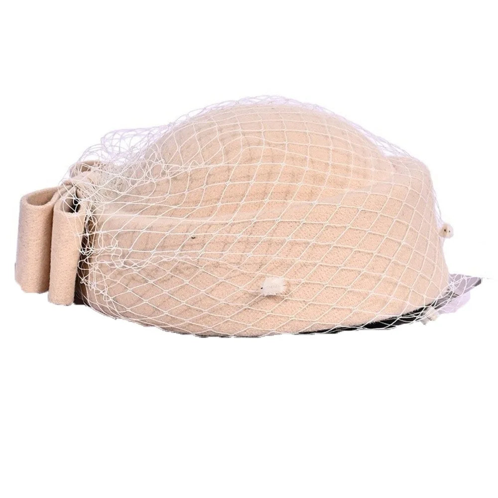 Sweet Mesh Wool Bow Hat with Veil Solid Color British Style Stewardess Cap Photography Decoration Woolen Pillbox Hat Headwear