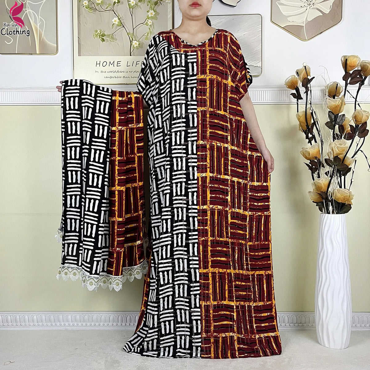 2025 New Summer Abaya Short Sleeve Dress With Big Scarf Printing Floral Loose Dress Islam Kaftan Women African Abaya Clothing