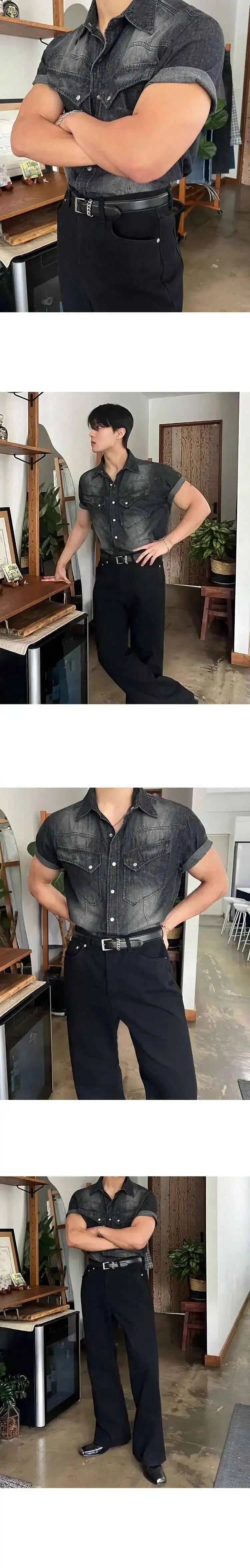 IEFB Niche Design Men's Denim Shirts Turn-down Collar Single Breasted Washing Solid Color Short Sleeved Loose Male Tops 9W2513