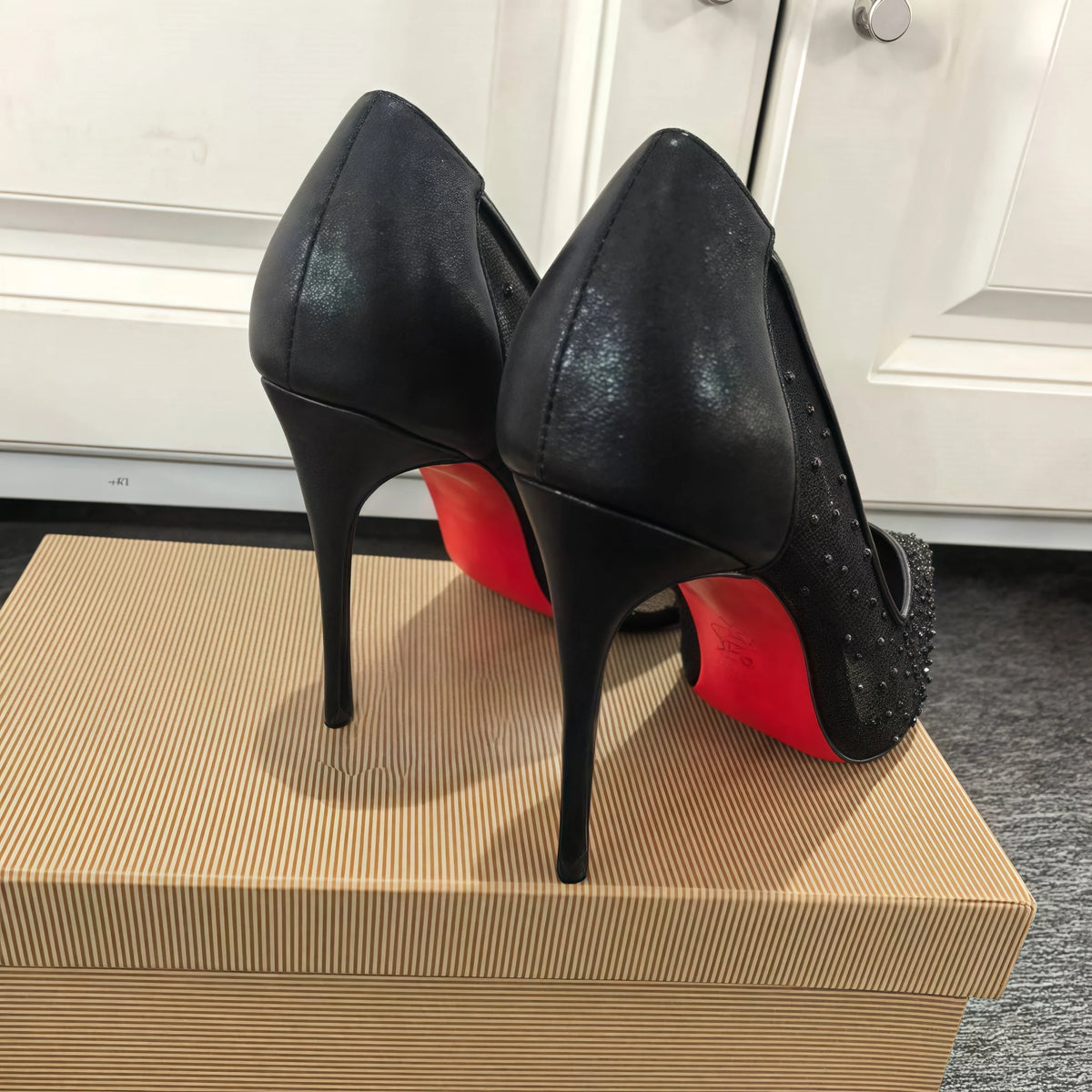 Round Dots Black Mesh Lace Women’s Pumps Pointed Toe Red Sole Single Shoes Female 8 10 12cm High Heels 35-42 size Zapatos Para