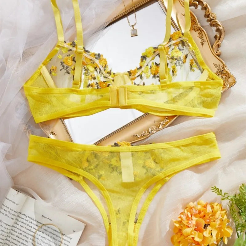 Valentine's Day Lingerie Ultra Sexy Yellow Flower Embroidery Sheer Bra And Panty Set Thin Cup Women's Bikini 2 Piece Underwear