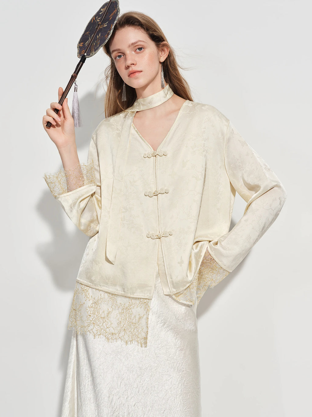 FSLE New Chinese-inspired Women's Satin Jacquard V-Neck Blazer Button Closure Acetate Fabric Sash Blouse Spring 2026 New Arrival