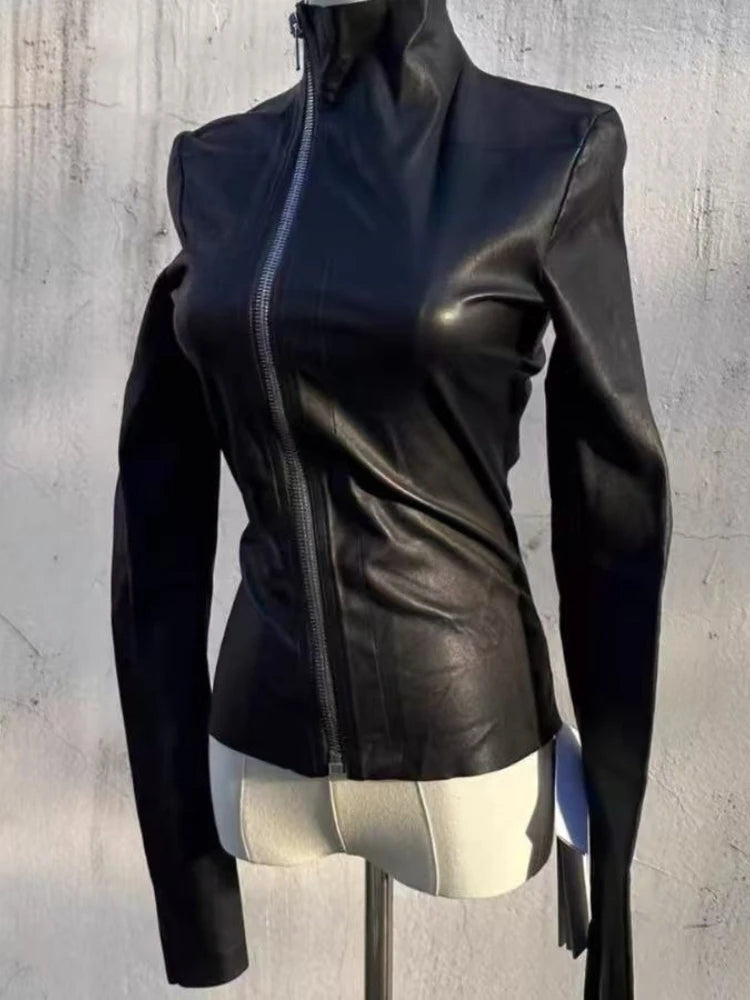 Vintage Gothic Leather Jacket Women Black Slim Zip Up Long Sleeve Tight Crop Coat Y2K Hot Girl Punk Streetwear Fashion Clothes