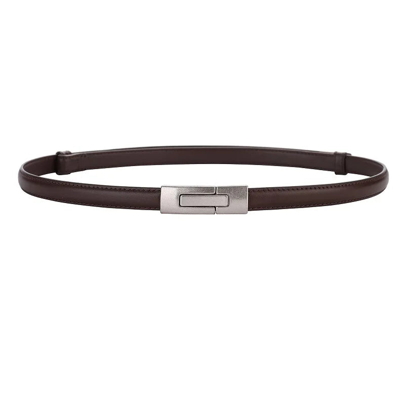 Women Skinny Genuine Leather Slim Belt Adjustable Alloy Buckle Waist Belt for Dress