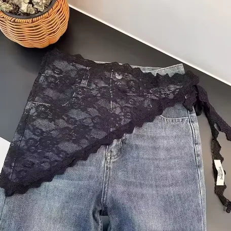Lace Trim Bandana Triangle Scarf Delicate Ins Ruffled Lace Hair Scarf 2-in-1 Head Band Waist Accessory for Y2K Outfits Headscarf