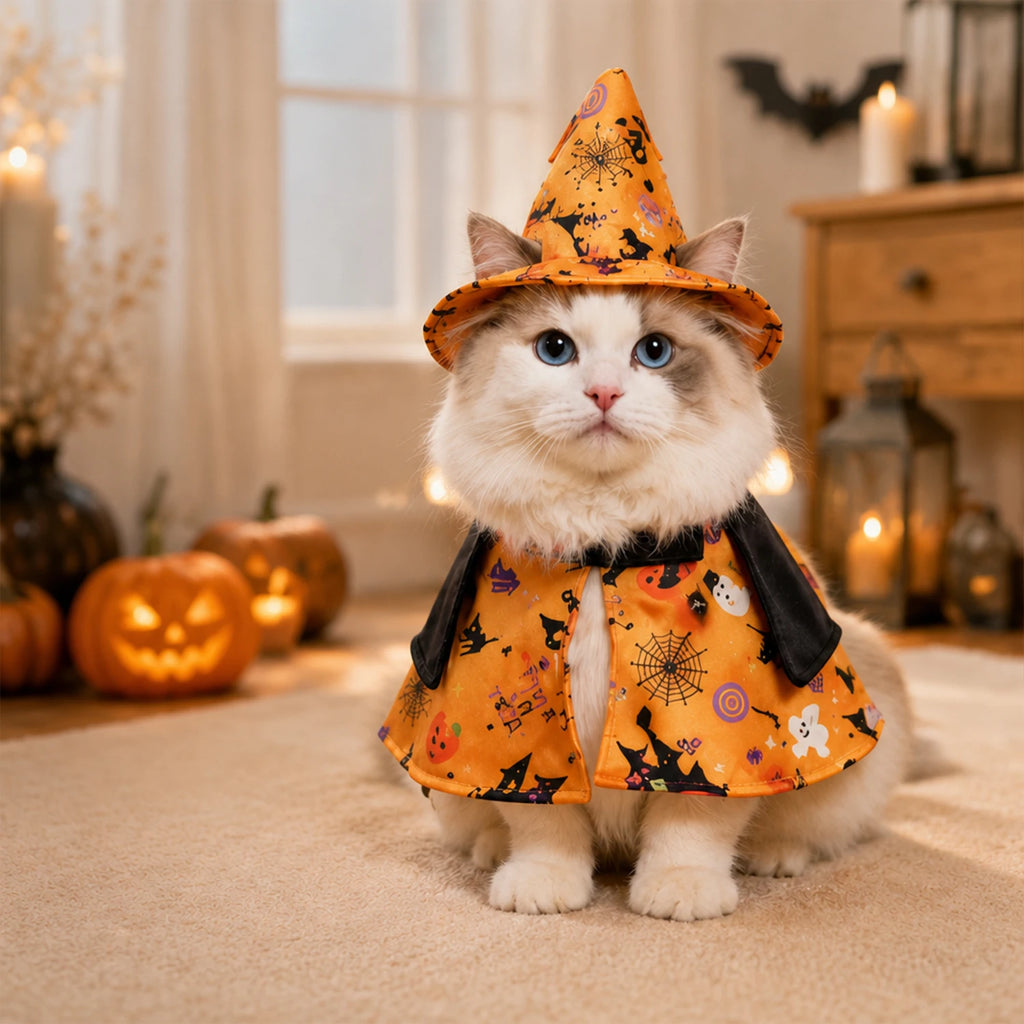 Halloween Witch Pet Costume for Cats & Small Dogs, Witch Hat and Printed Outfit, Adjustable Drawstring, Hook Loop Closures