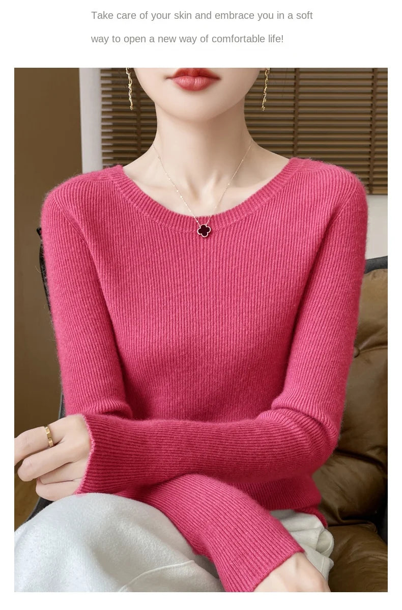 Early Fall New Crew-Neck Sweater Elegant High Elastic Simple Solid Color Thin Knit Crew-Neck Sweater Long Sleeve-GH458