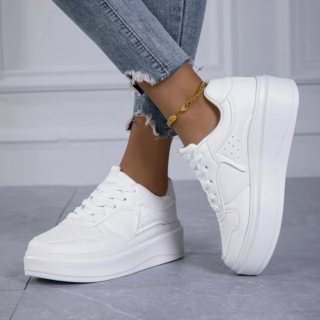 Women's Casual Sports Shoes Thick Bottom Low Tops Lace Up Vulcanised Shoes Lightweight Rubber Soled Winter Season Adult Footwear