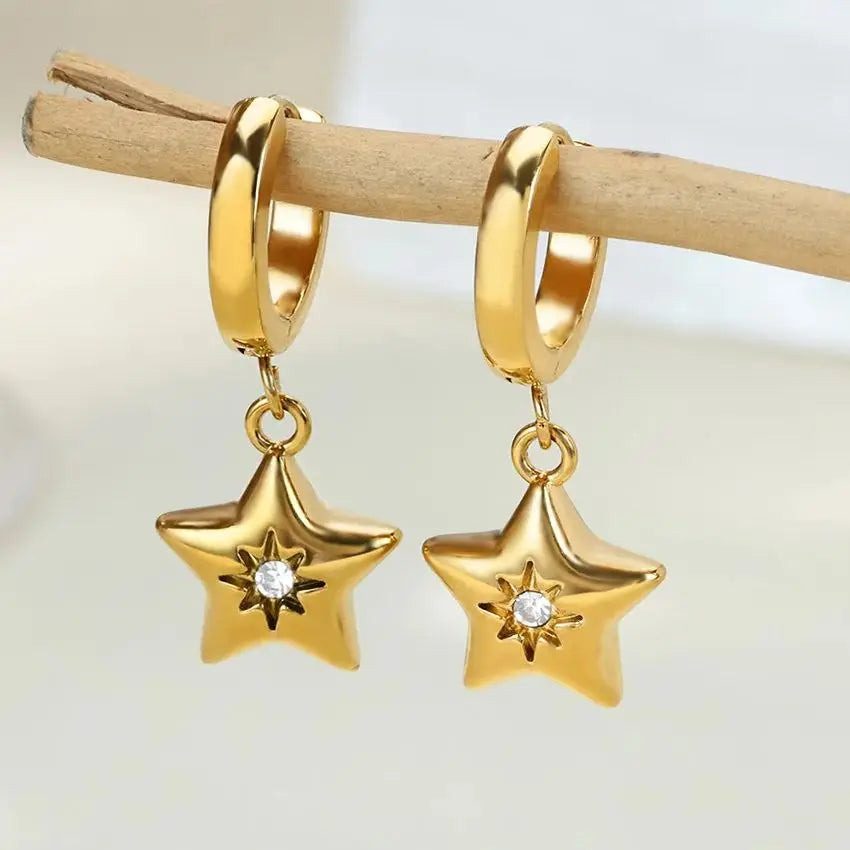 Zircon Star Moon Earrings For Women Gold Color Stainless Steel Star Moon Drop Earring Fashion Aesthetic Christmas Jewelry Gift