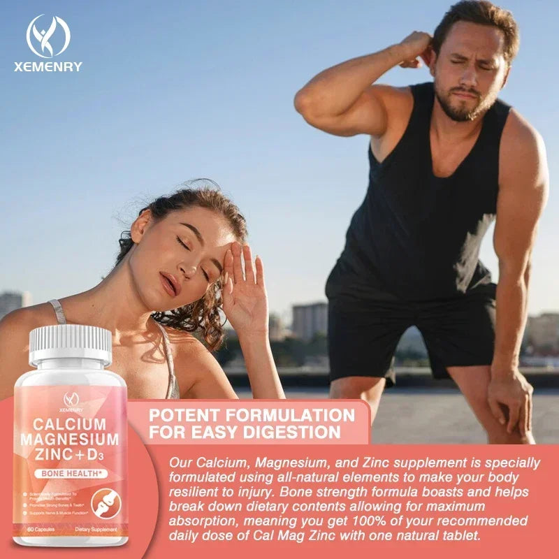 Calcium + Magnesium + Zinc + Vitamin D3 Capsules - Supports Bone and Nervous System Health and Improves Mood