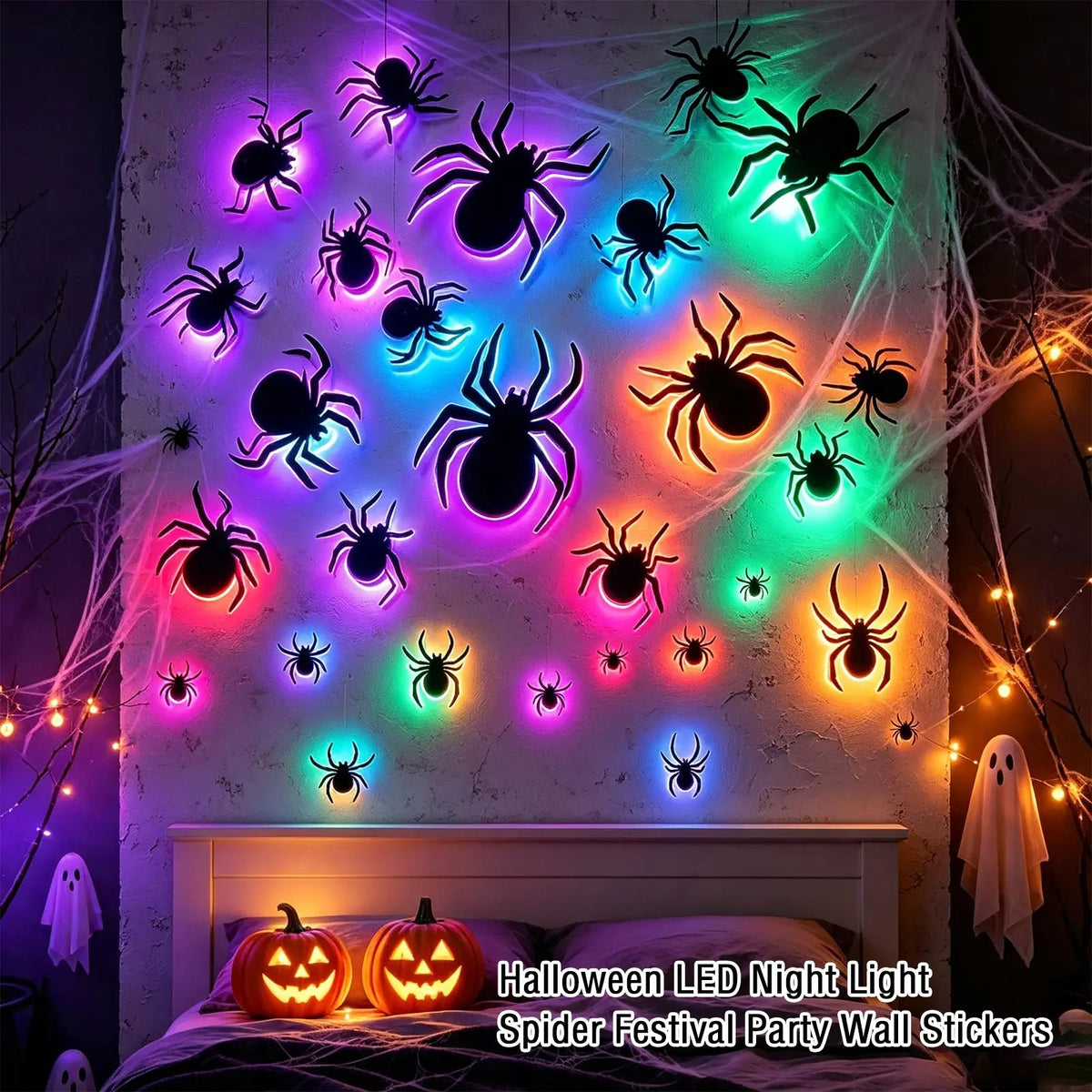 Halloween LED Night Light Spider-Themed Decals Glowing Spider Wall Sticker Party Holiday Decor Home Window Wall Decoration