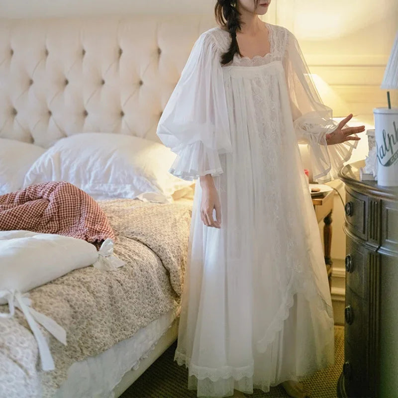 French Fairy Two-Pieces Lace Nightgowns Sexy Spaghetti Strap Nightie Victoria Square Collar Full Sleeves Long Nightdress New